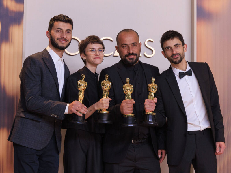 Hamdan Ballal (centre right) at the 2025 Oscars